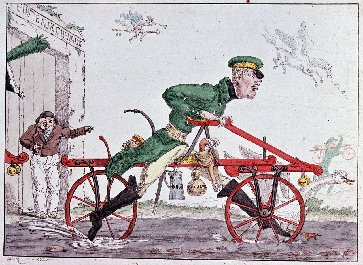 Velocipedes draisiennes - karikatuur over Baron Drais door Unknown artist