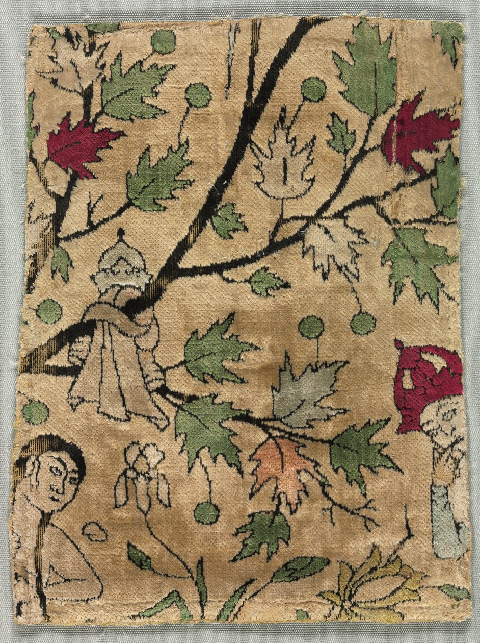 Fluwelen fragment, Khusrau ziet Shirin baden door Unknown artist
