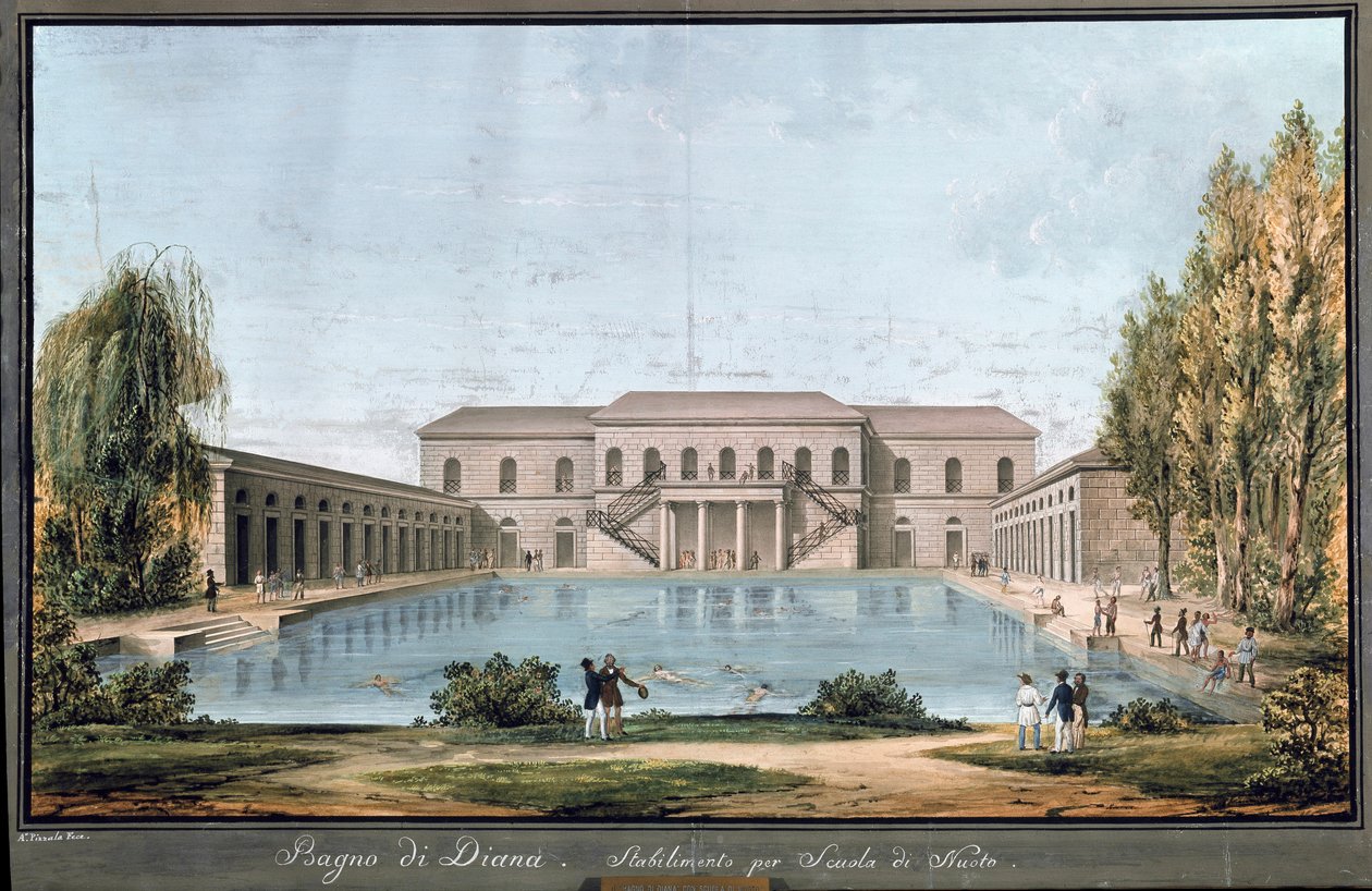 Uitzicht op het Diana-bad, het eerste Italiaanse zwembad, in Milaan door Unknown artist