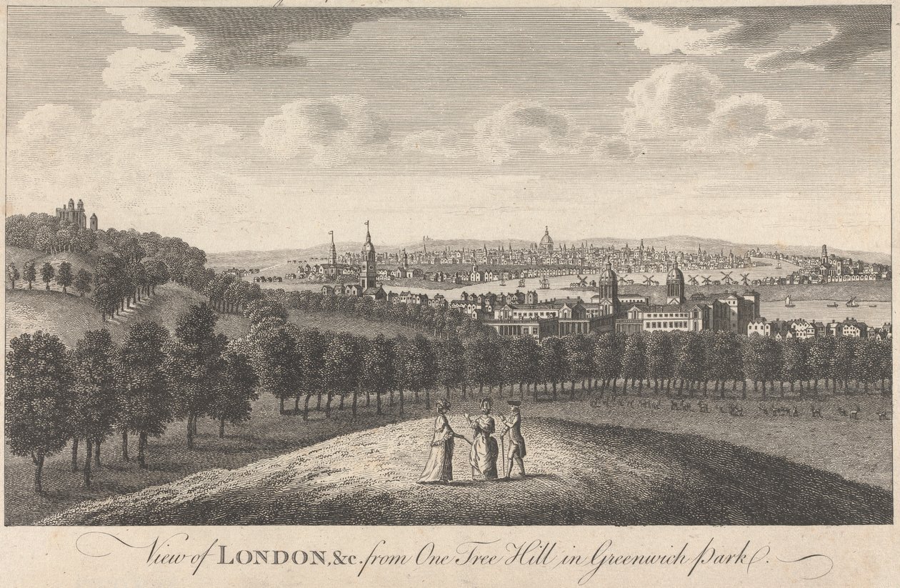 Uitzicht op Londen en de kerk vanaf One Tree Hill in Greenwich Park door Unknown artist