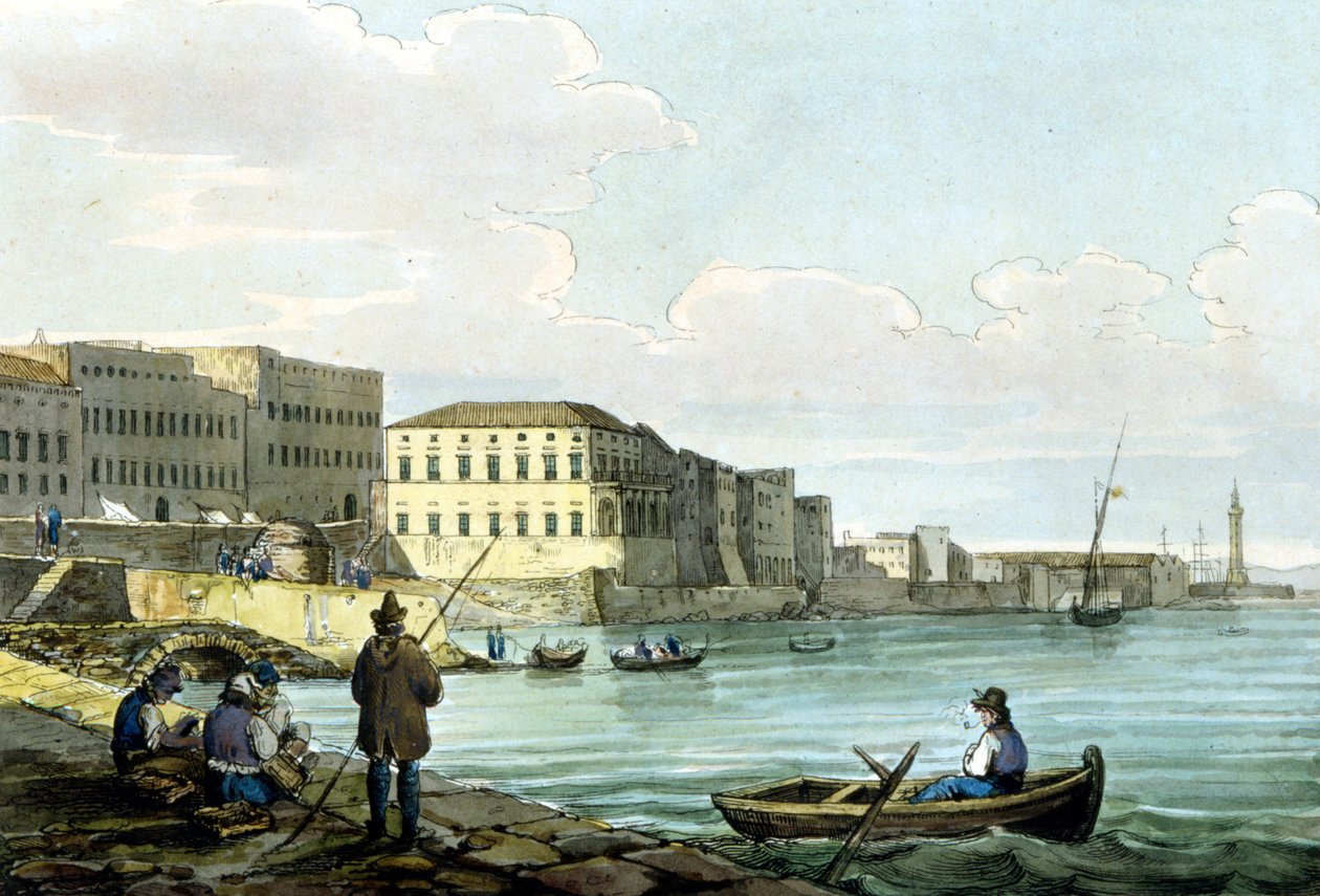 Uitzicht op Santa Lucia, Napels. Aquarel rond 1850. door Unknown artist