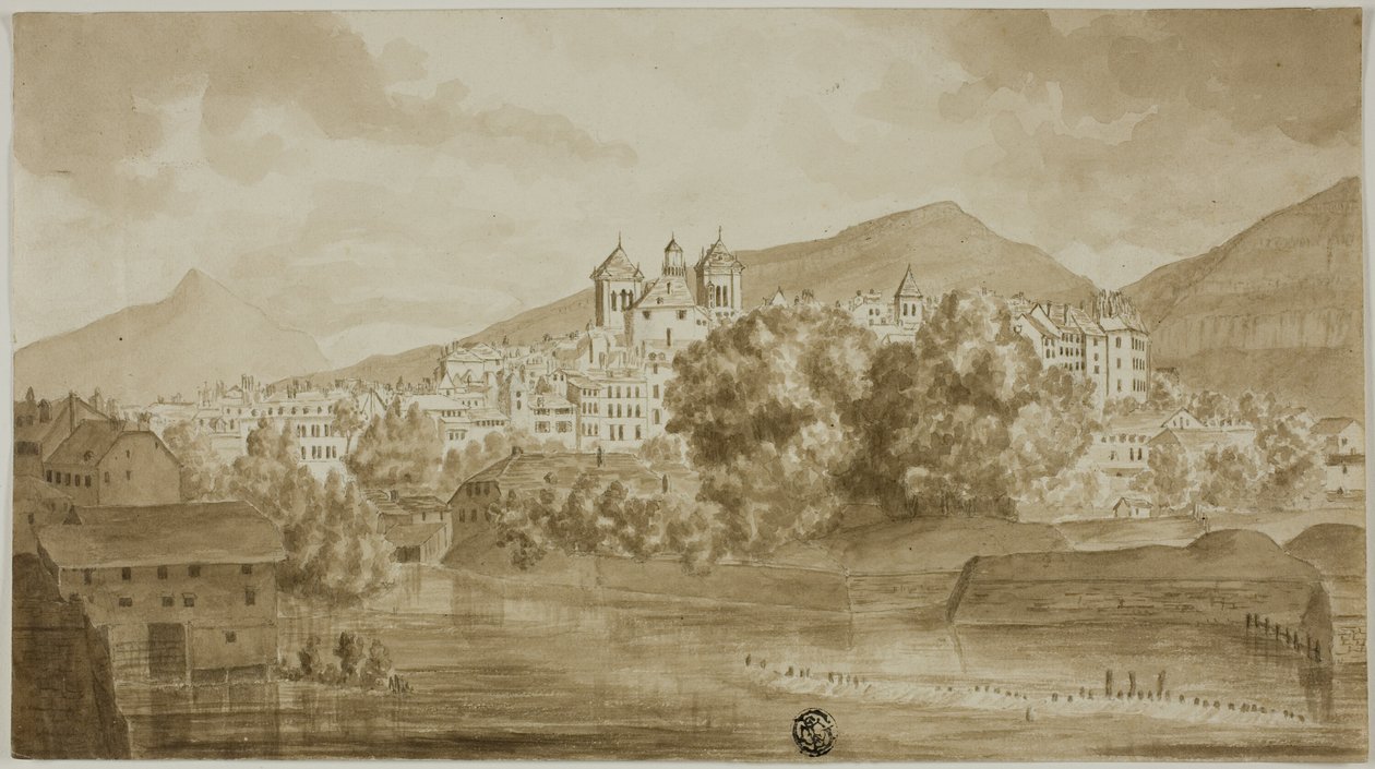 Uitzicht op stad met uitzicht op rivier door Unknown artist
