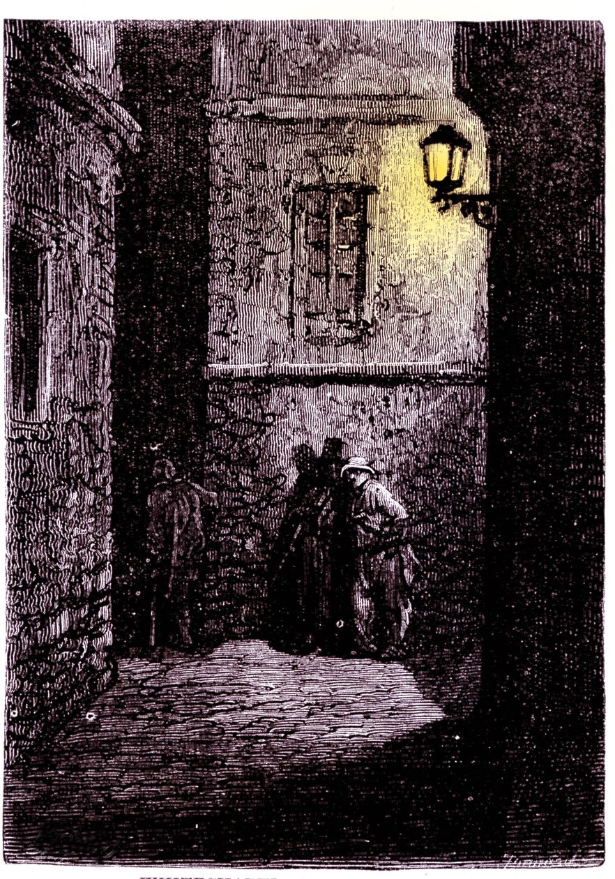 Uitzicht op een donkere steeg in de wijk Whitechapel in Londen. 18e eeuwse gravure door Unknown artist