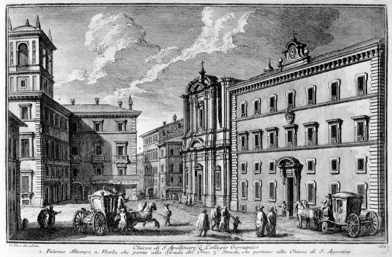 Zicht op de kerk van St. Apollinar en het Duitse College (Collegio Germanico) in Rome aan het einde van de 18e eeuw. door Unknown artist