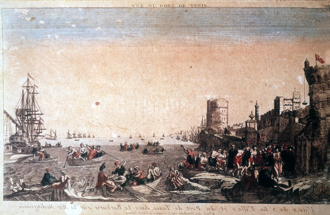 Gezicht op de stad en haven van Tunis in barbaarsheid aan de Middellandse Zee - Gevangen piraten arriveren in de haven van La Goulette in Tunis. Gravure 18e eeuw. door Unknown artist