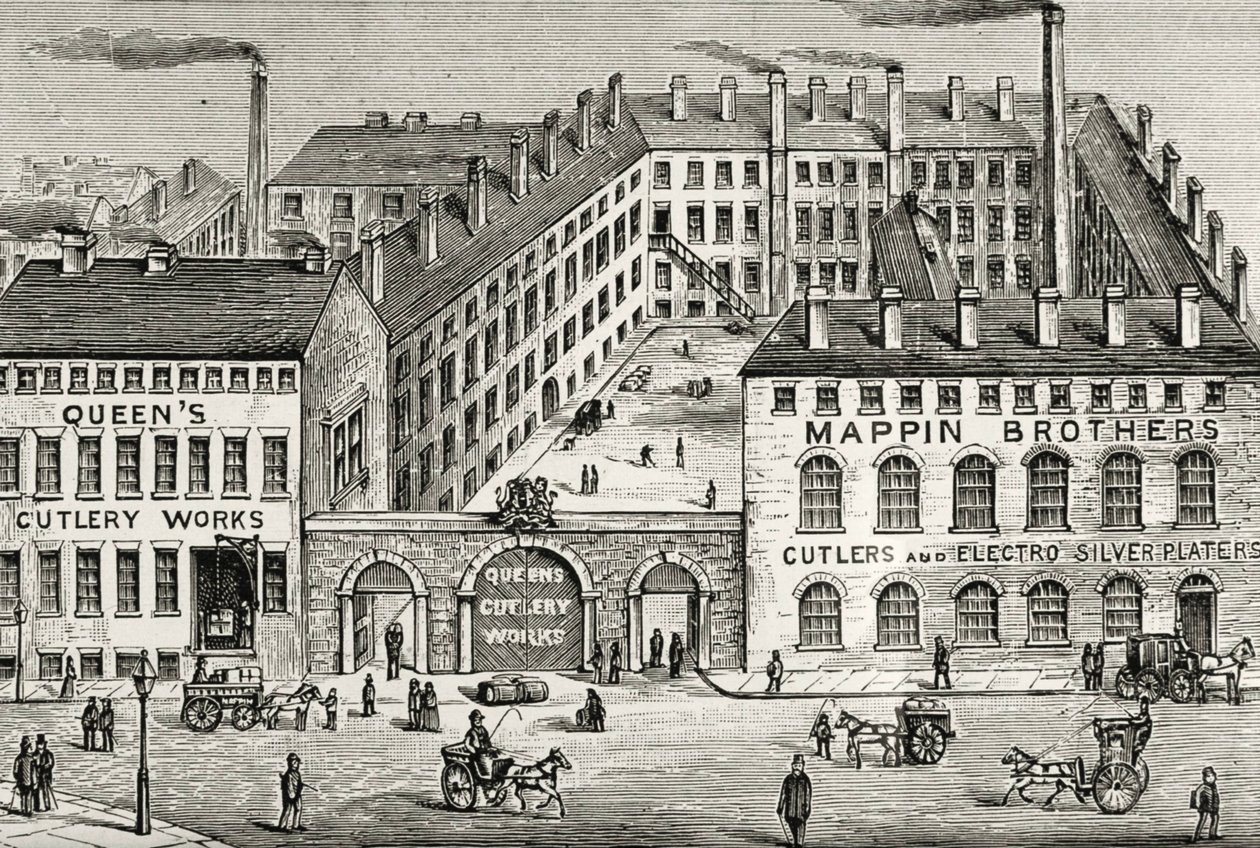 Uitzicht op de Mappin Brothers bestekfabriek in Londen. Detail van advertentie uit 1891. Gravure. door Unknown artist