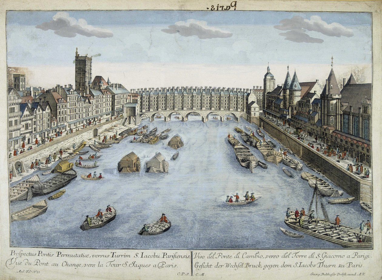 Uitzicht op de Pont au Change en de Sint-Jacobstoren in Parijs door Unknown artist