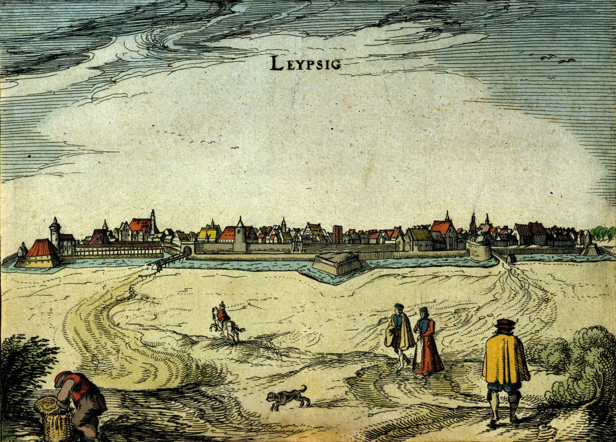 Zicht op de stad Leipzig in Duitsland. Gravure uit de 18e eeuw door Unknown artist