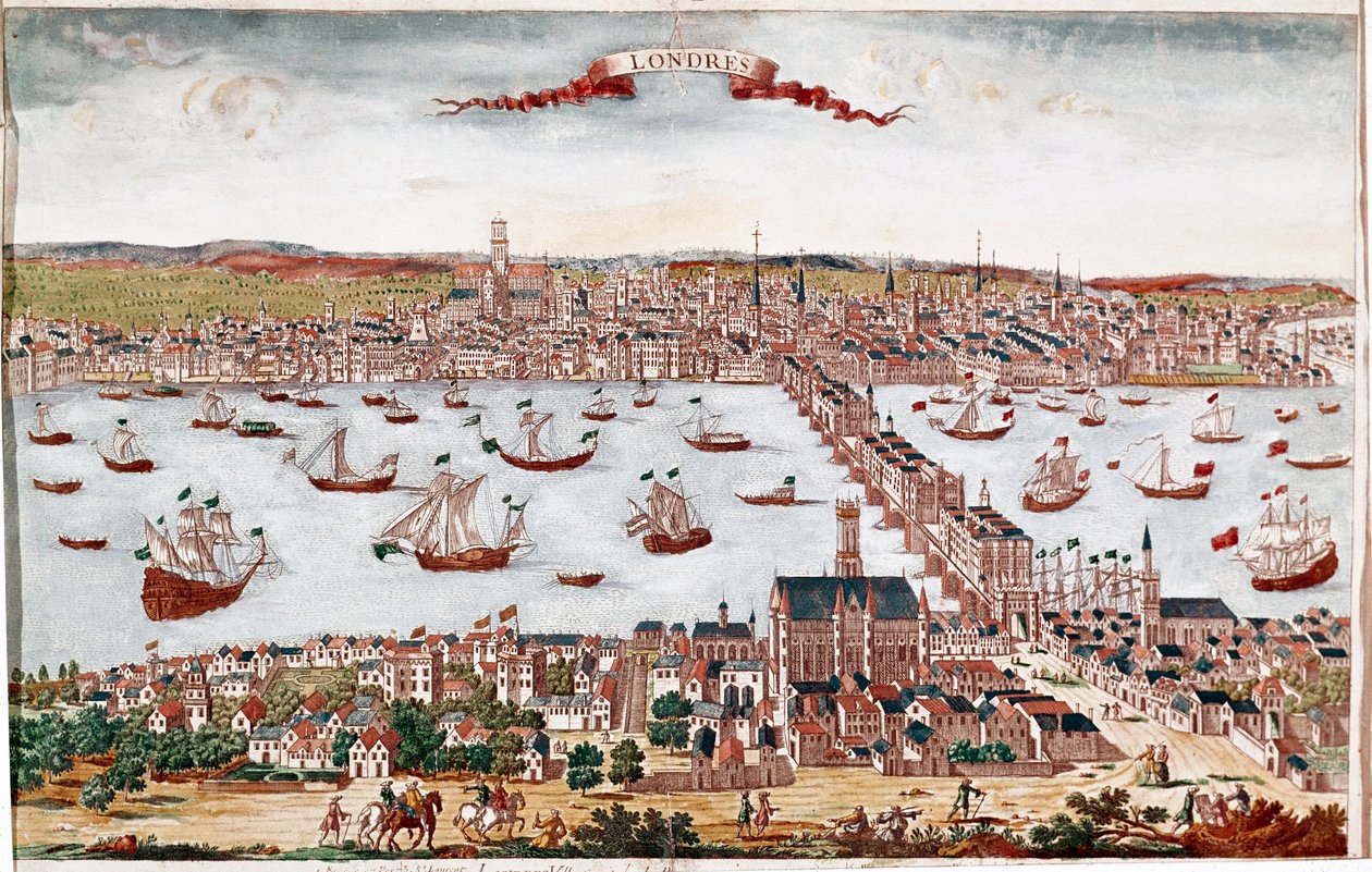 Uitzicht op de stad Londen en de rivier de Theems (gravure) door Unknown artist