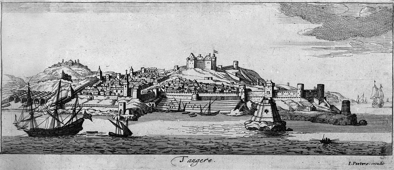 Uitzicht op de versterkte stad Tanger en de kust, Marokko. 18e-eeuwse gravure door Unknown artist