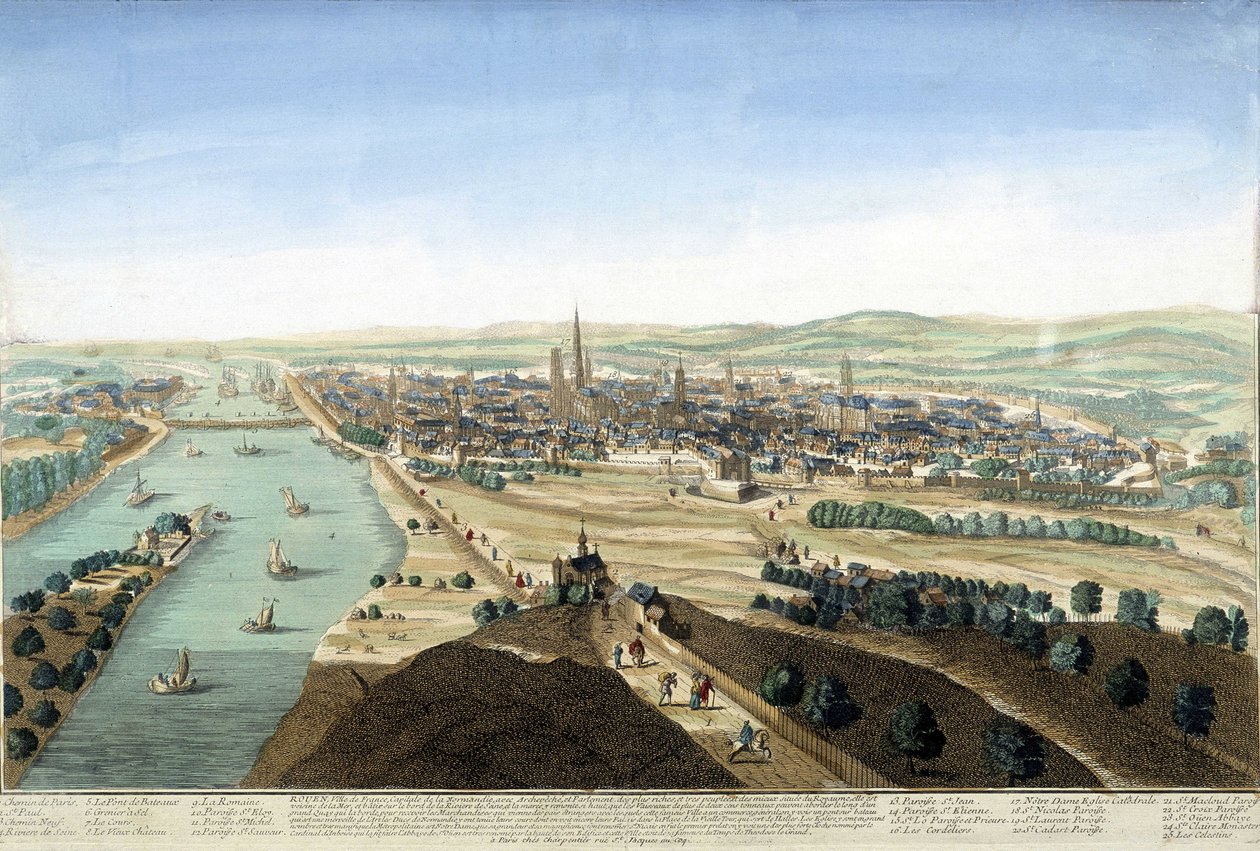 Zicht op de haven en de stad Rouen; Gravure uit de 18e eeuw door Unknown artist
