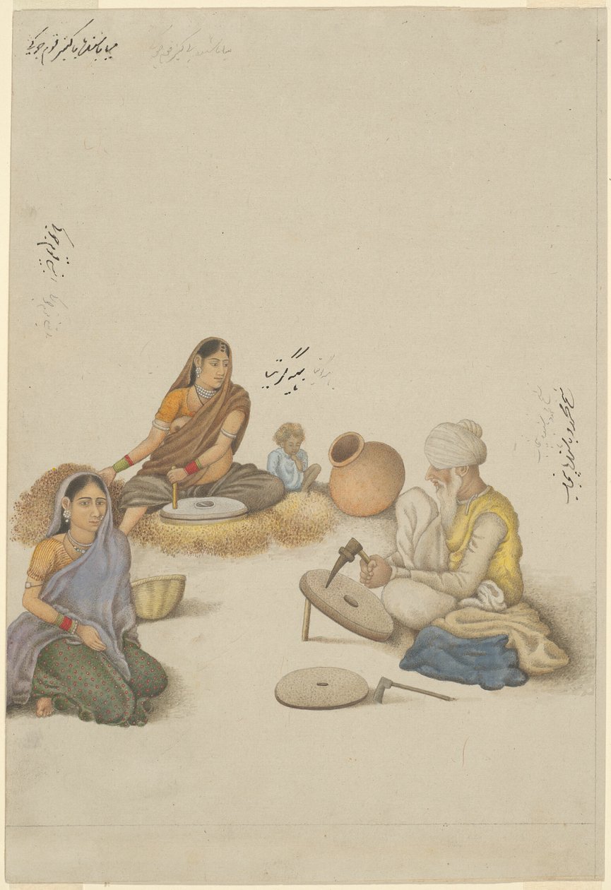 Dorpelingen malen maïs, pagina uit het Fraser Album door Unknown artist