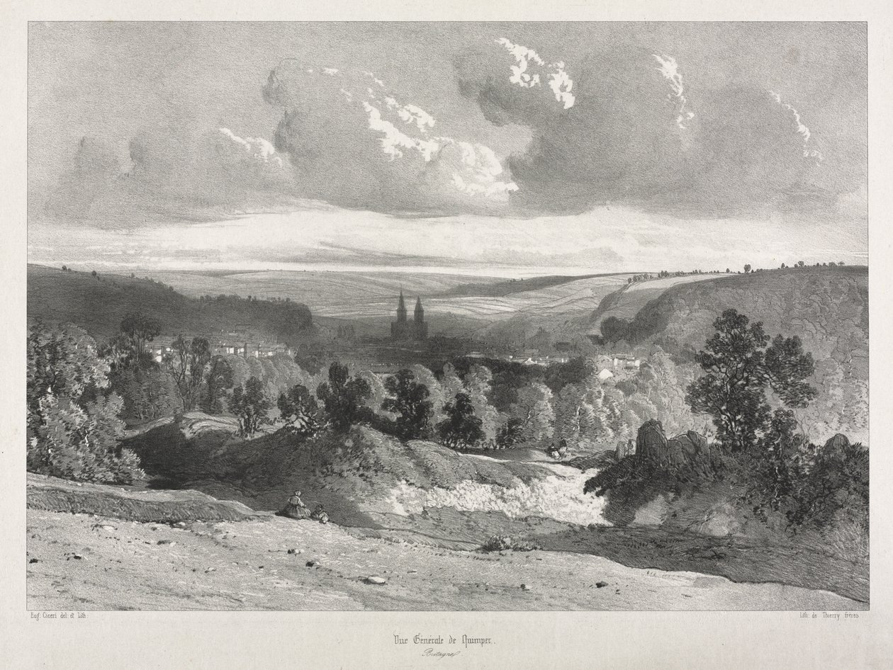 Pittoreske en romantische reizen in het oude Frankrijk. Bretagne: Algemeen uitzicht op Quimper door Unknown artist