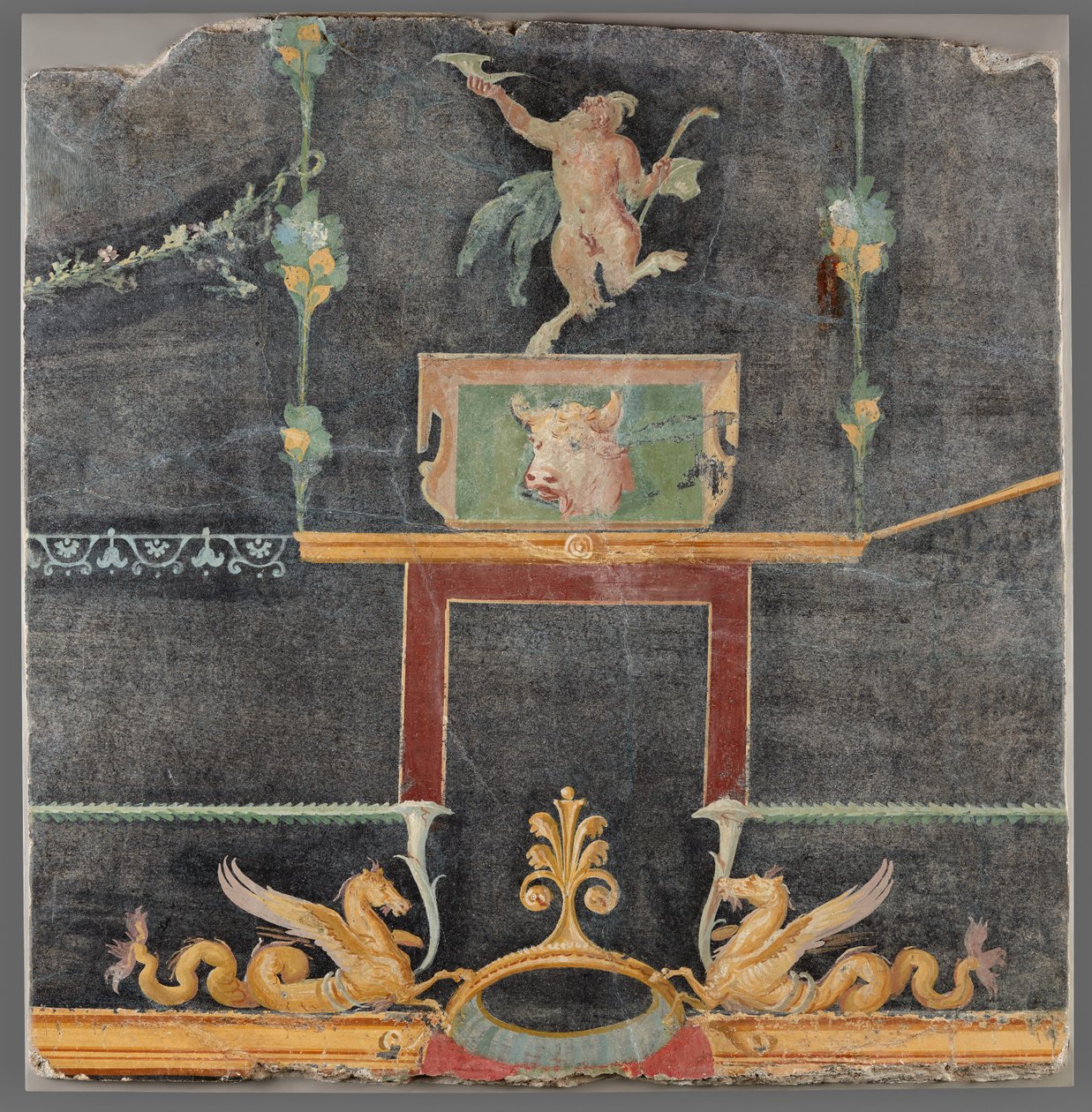 Muurfragment met dansende sater, hippocamps en andere decoratieve motieven op zwarte ondergrond door Unknown artist