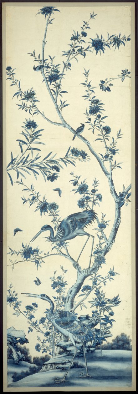 Behangpaneel met vogels en bloeiende bomen door Unknown artist