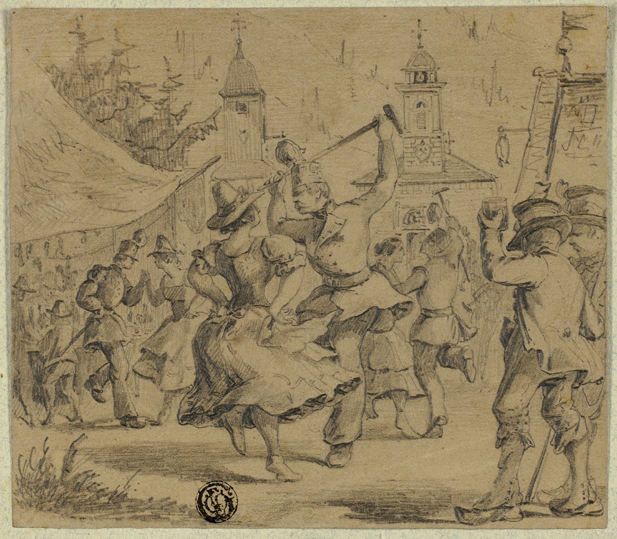 Dansende vrouwen en soldaten op het dorpsplein door Unknown artist