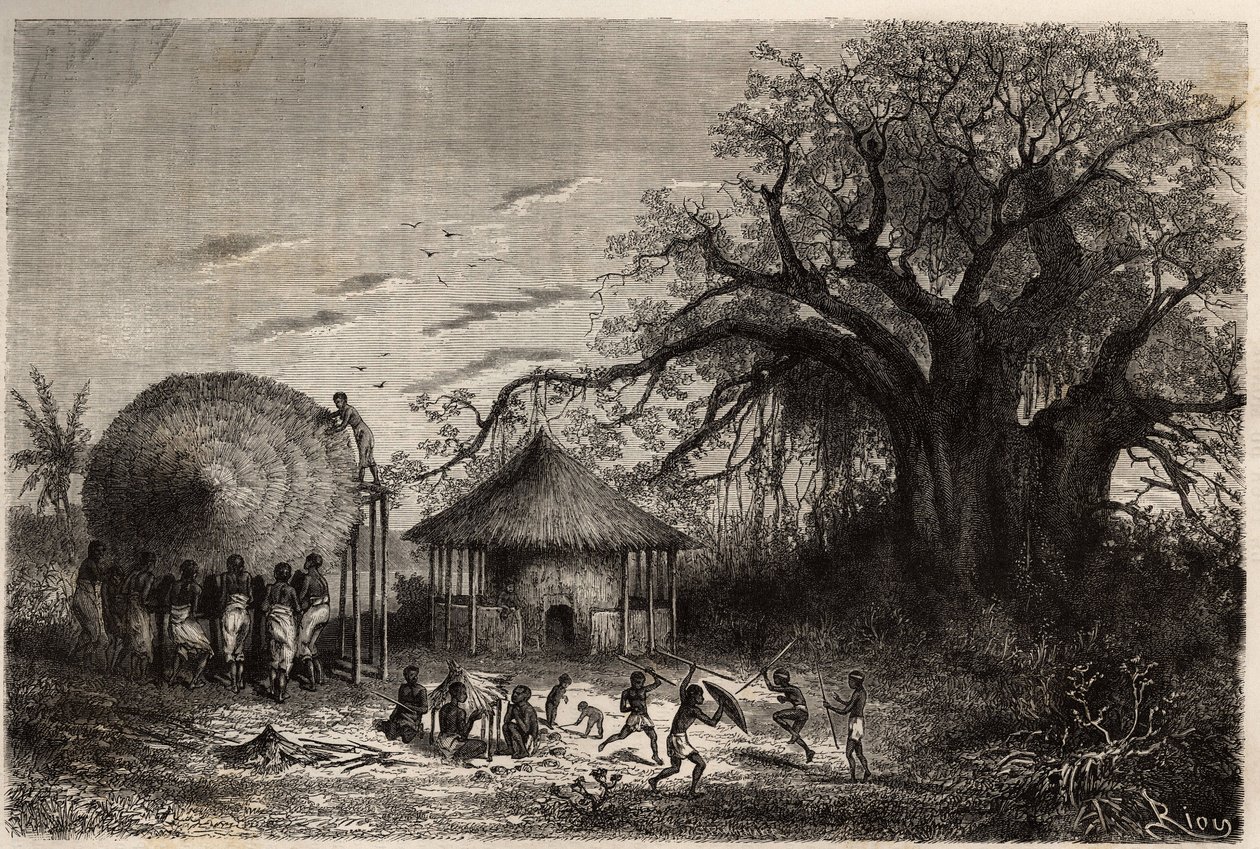 Vrouwen van de oevers van de Zambezi die hutten zwaaien en op de voorgrond, kinderspel. Gravure ter illustratie van Dr. Livingstone