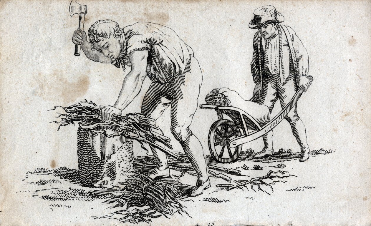Houthakkers die houtbundels maken en man die bundels op een kruiwagen draagt. Eindgravure van de 18e eeuw. Privécollectie door Unknown artist