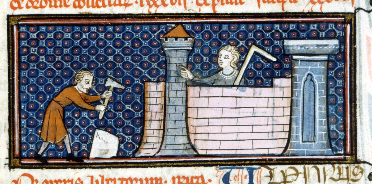 Arbeiders bouwen een versterkt klooster, miniatuur uit het midden van de 13e eeuw. Biblioteca Trivulziana door Unknown artist