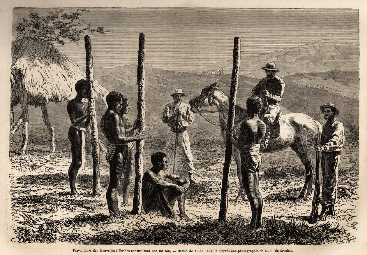 Arbeiders uit de Nieuwe Hebriden (of sinds 1980, de Republiek Vanuatu, een Melanesische archipel in het noorden van Nieuw-Caledonië), bouwen een huis, die de auteur ontmoet tijdens een paardrijtocht. Gravure ter illustratie van de reis naar Nieuw-Caledonië door Unknown artist