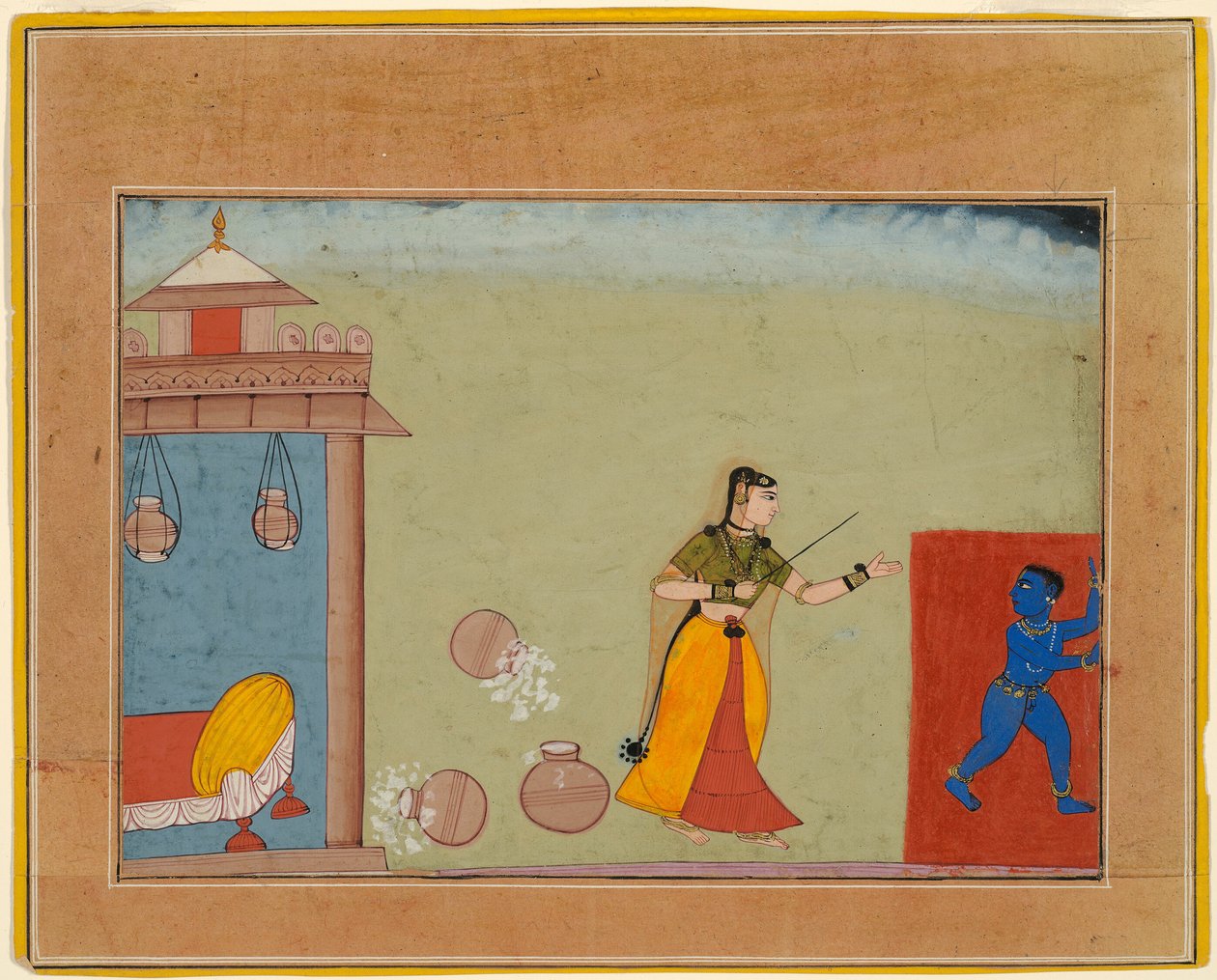 Yashoda kastijdt haar pleegzoon, de jeugdige Krishna, pagina uit een manuscript van de Bhagavata Purana door Unknown artist