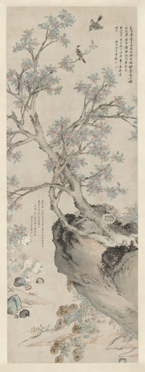 Gele Chrysanten en Rode Osmanthus in de Stijl van Wang Yuan door Unknown artist