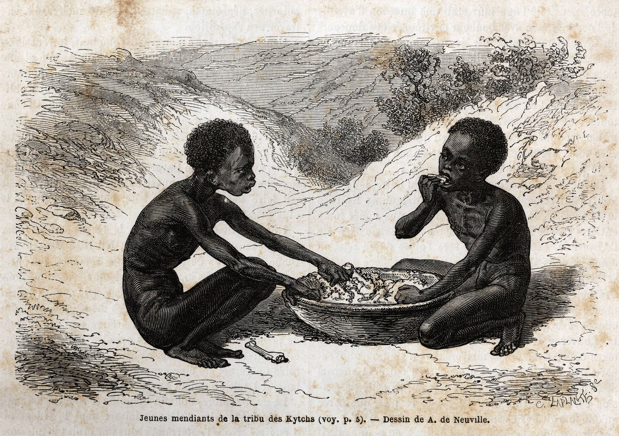 Jonge bedelaars van de Kychi-stam (gelegen in de regio van de Boven-Nijl) die een maaltijd ruilen voor een paar bundels. Gravure ter illustratie van de reis naar het Albertmeer door Unknown artist
