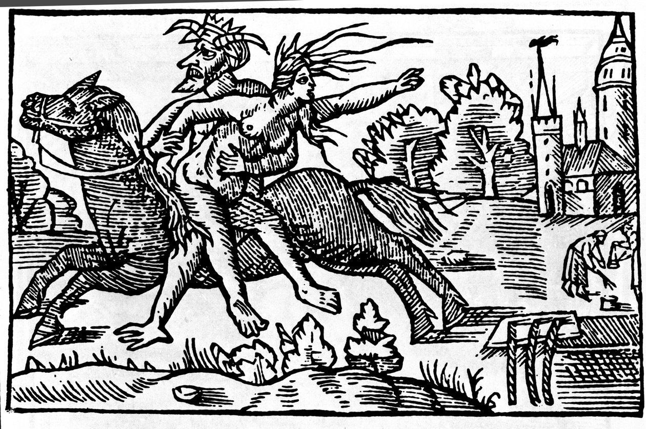 De duivel neemt een heks van een paard en brengt haar naar de hel. Houtsnede uit de 16e eeuw door Unknown artist