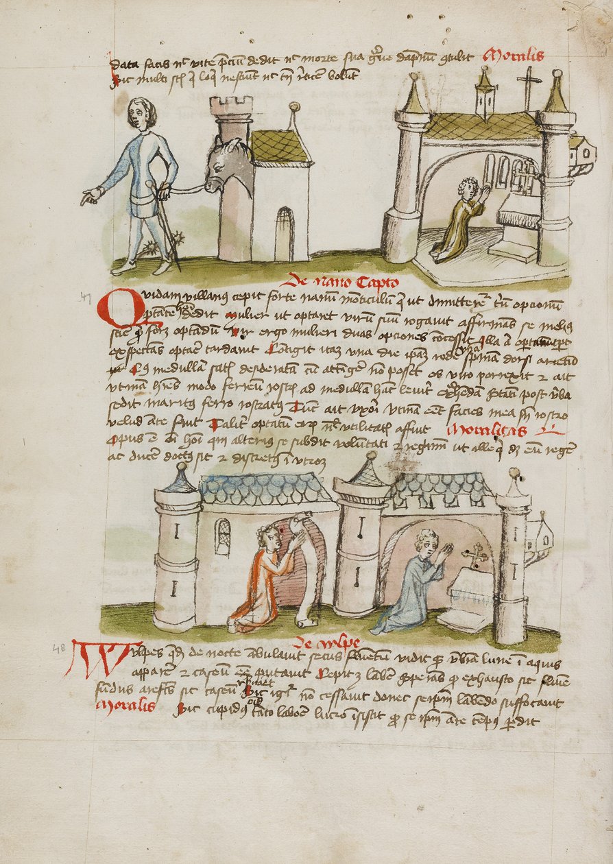 Een man met een zwaard en sporen leidt een ezel uit zijn huis terwijl een man bidt in een nabijgelegen kerk; Twee mensen bidden in een kerk door Unknown artist/maker