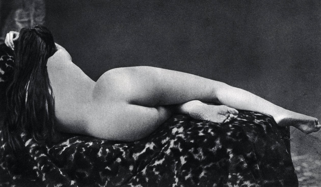 Naakte vrouw liggend rond 1860 Anonieme fotografie door Unknown photographer