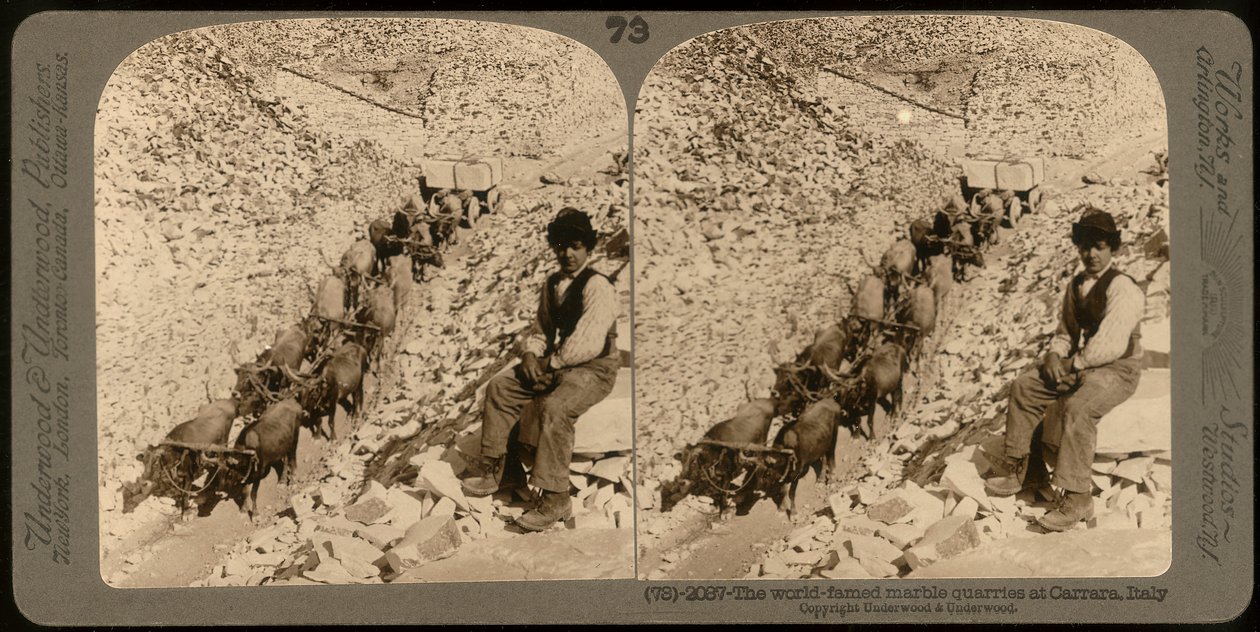 Portret van een jongen in de beroemde marmergroeven in Carrara; Stereoscopische foto (zwart-wit foto) door Unknown photographer