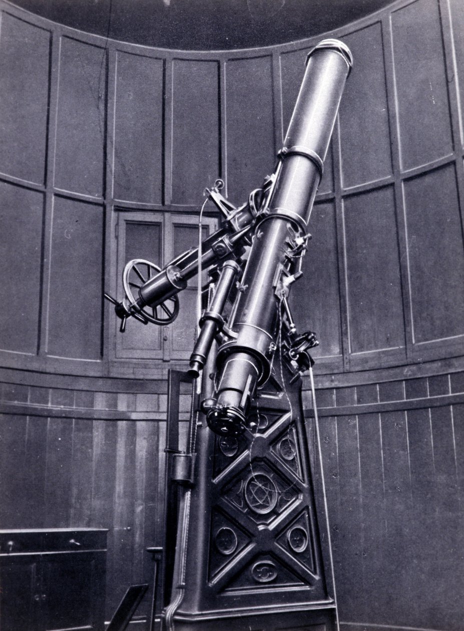 De telescoop van Giovanni Virginio Schiaparelli (1835-1910) astrofysicus in Brera (Milaan). Hij observeerde rechtlijnige configuraties op de planeet Mars, die hij de Martiaanse kanalen (canali) noemde door Unknown photographer