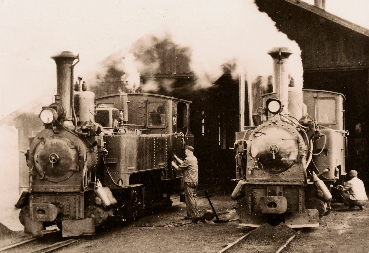 Twee stoomlocomotieven worden onderhouden door twee arbeiders door Unknown photographer