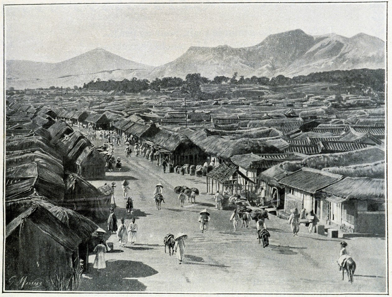 Uitzicht op de hoofdstraat van Seoul, hoofdstad van Korea in de 19e eeuw door Unknown photographer