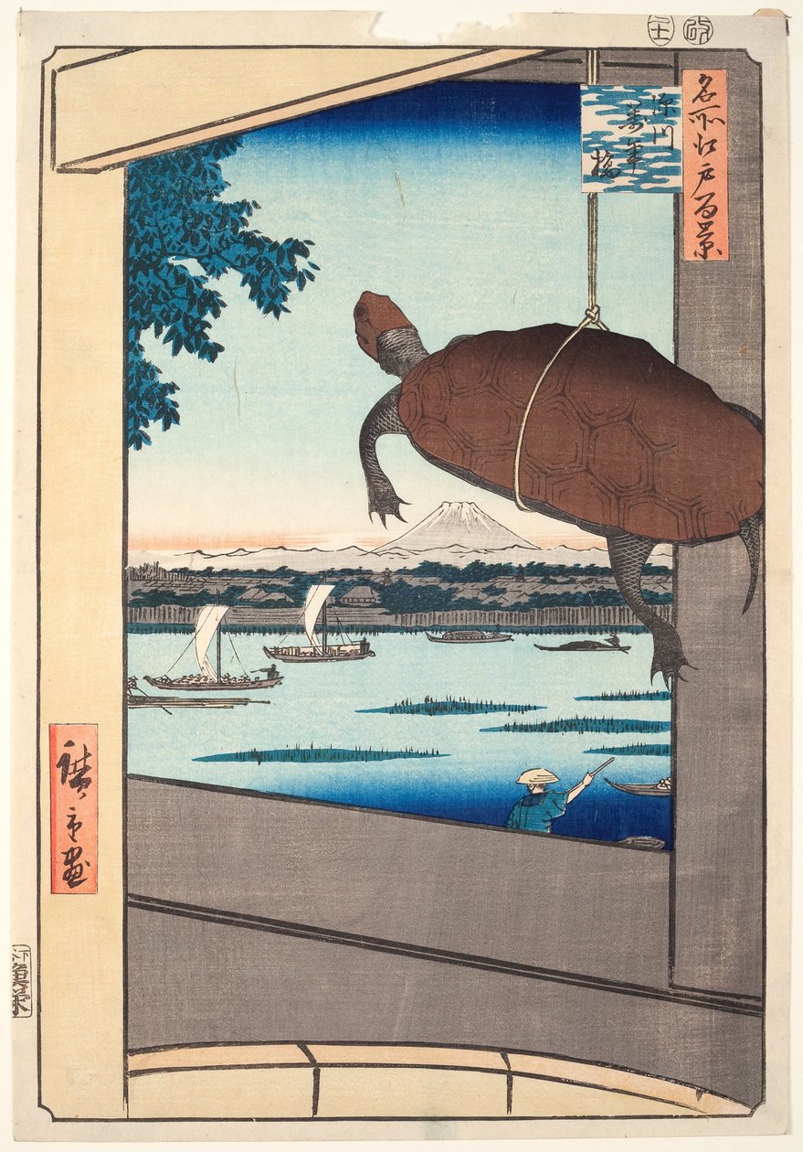 Mannenbrug, Fukagawa, uit de serie Honderd Beroemde Zichten van Edo door Utagawa Hiroshige