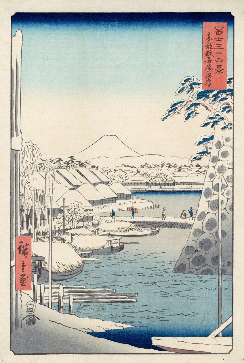Oever van de rivier bij Sukiya in Edo (Tto Sukiya-gashi), uit de serie Zesendertig uitzichten op de berg Fuji door Utagawa Hiroshige