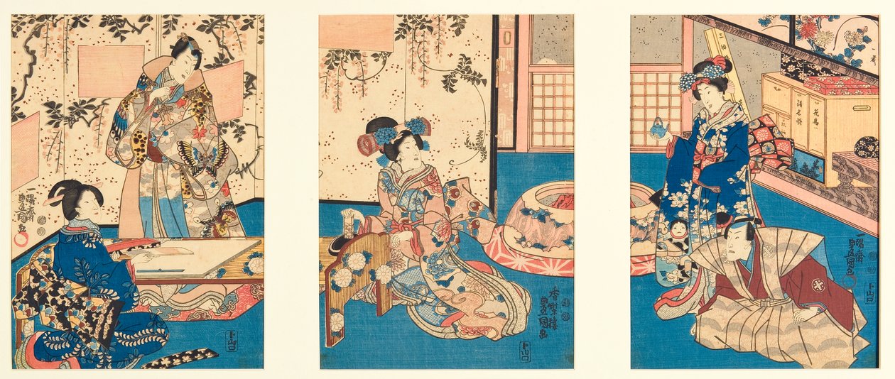 Inkt malen voor het schrijven van een antwoordbrief, geïnspireerd door de Inaka Genji, 1851 (houtsnede) door Utagawa Kunisada