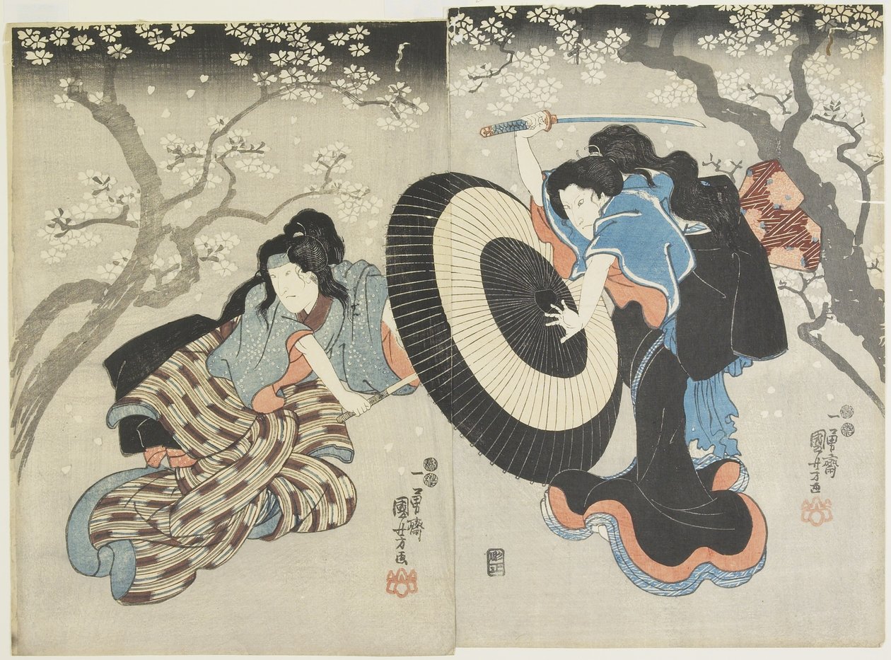 (Twee Vrouwen die vechten onder Kersenboom, een Scène uit een Kabuki-toneelstuk), 1847-1852 door Utagawa Kuniyoshi