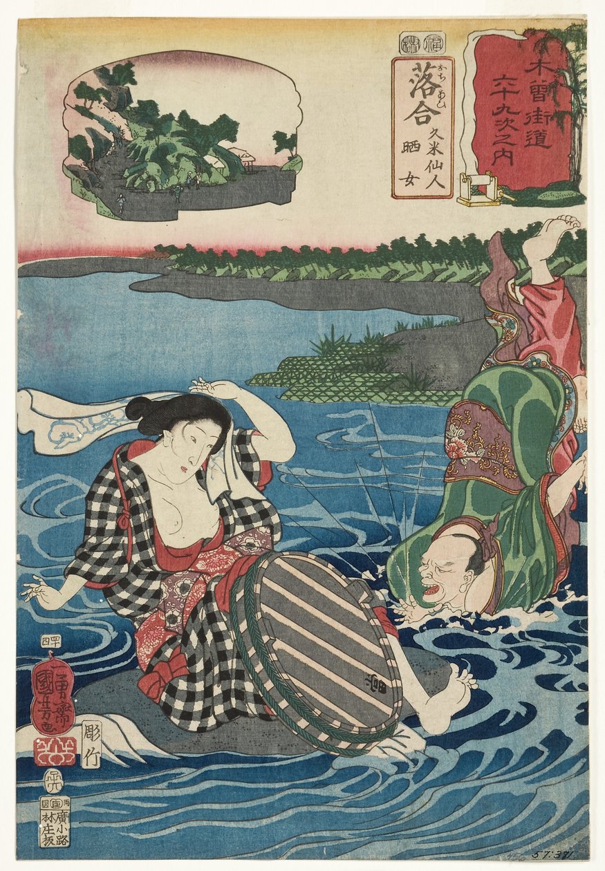 Ochiai: Kume Sennin en de wasvrouw, 1852 door Utagawa Kuniyoshi