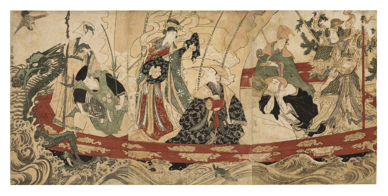 Acteurs als de zeven goden van geluk op een schatboot, 1800-05 door Utagawa Toyokuni