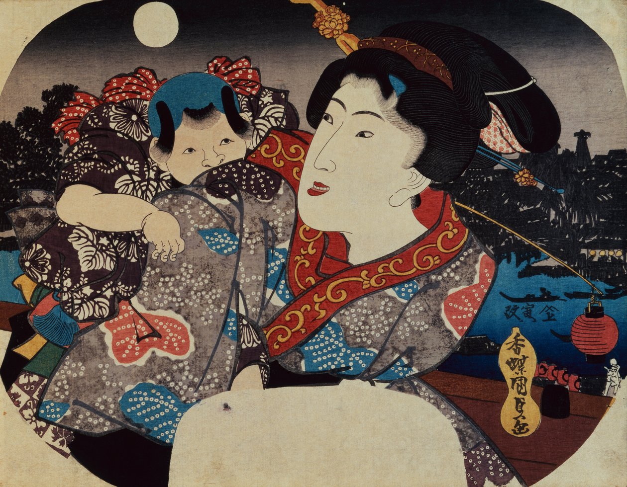 Een Vrouw die een Kind op haar Rug Draagt door Utagawa Kunisada