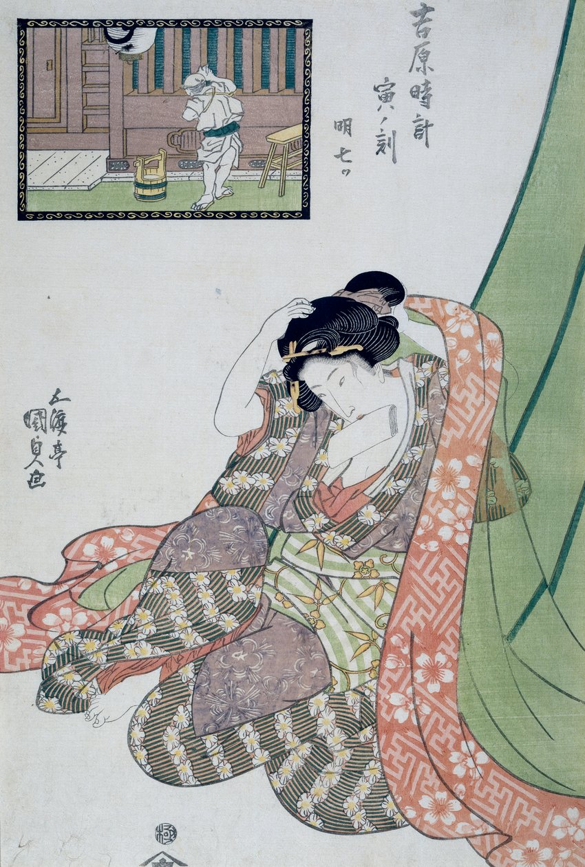 Uur van de draak, vijfde tot zevende uur van de ochtend, ca. 1818, Ukiyo-e kunstprent door Utagawa Kunisada uit De twaalf uren in Yoshiwara (houtsnede) door Utagawa Kunisada