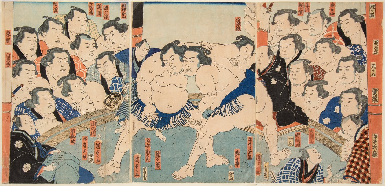 Sumogevecht tussen Wahigayama en Jimmaru door Utagawa Kunisada