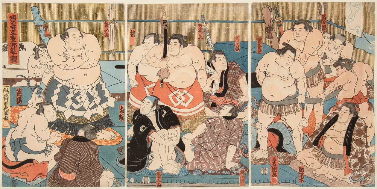 Gevecht van sumoworstelaars Shitaky Beya en Hidenoyama door Utagawa Kunisada