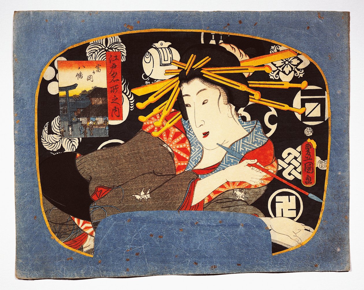 Courtisane met lange pijp, Hachiman tempel in inzet links door Utagawa Kunisada