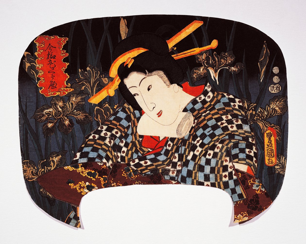 Portret van courtisane met iris op de achtergrond door Utagawa Kunisada