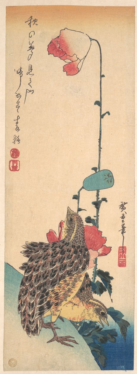 Een paar kwartels en klaprozen door Utagawa Hiroshige