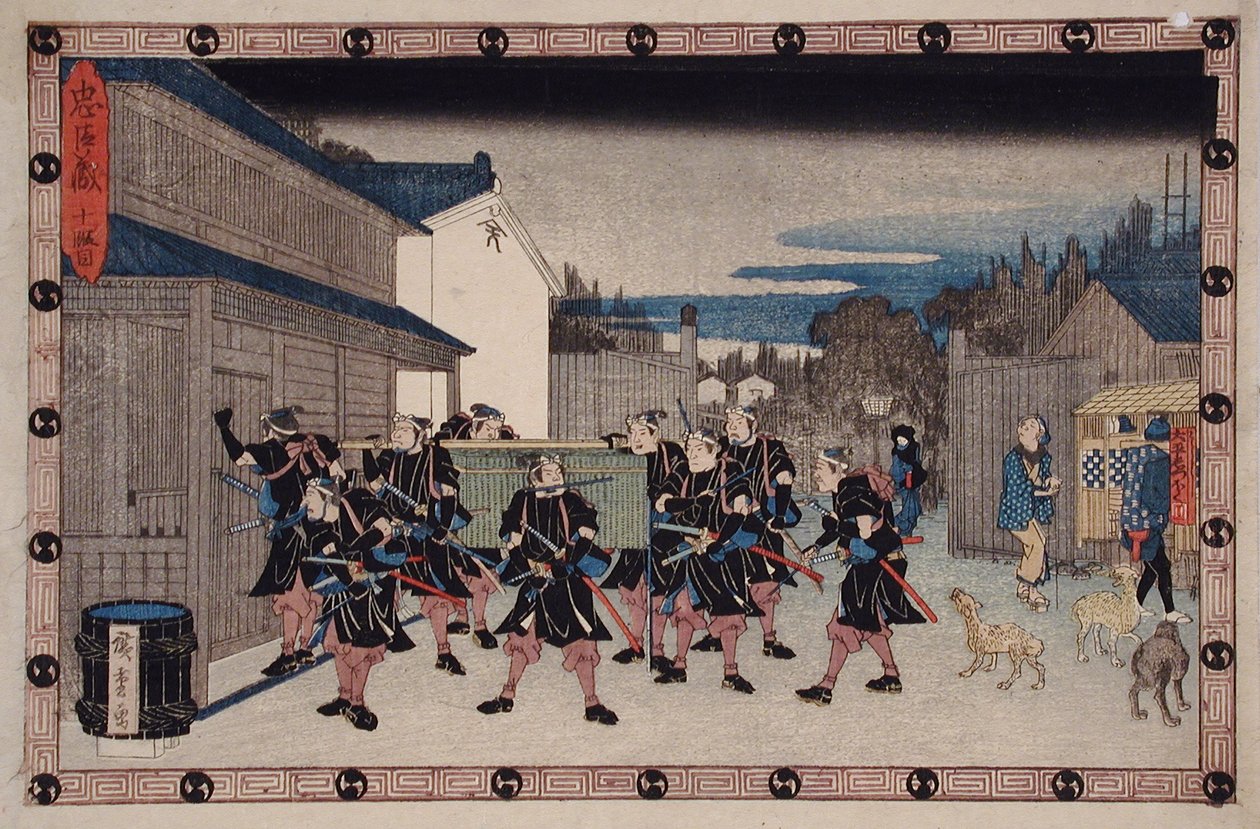 Toneel X: De rōnin die een mand draagt waarin Yuranosuke verborgen zit, gaat het huis van Gihei binnen door Utagawa Hiroshige