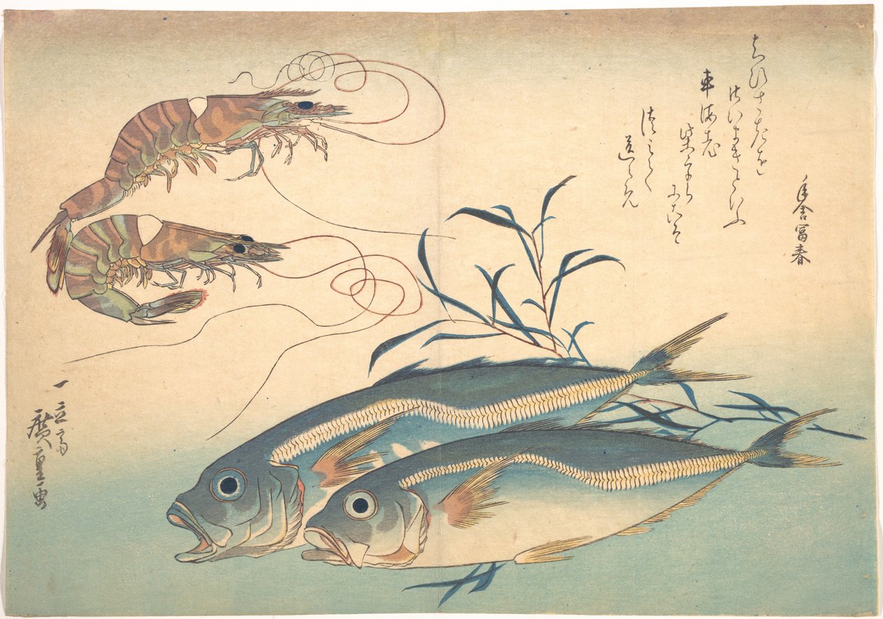 Aji-vis en kuruma-garnaal, uit de serie Uozukushi (Alle soorten vis) door Utagawa Hiroshige