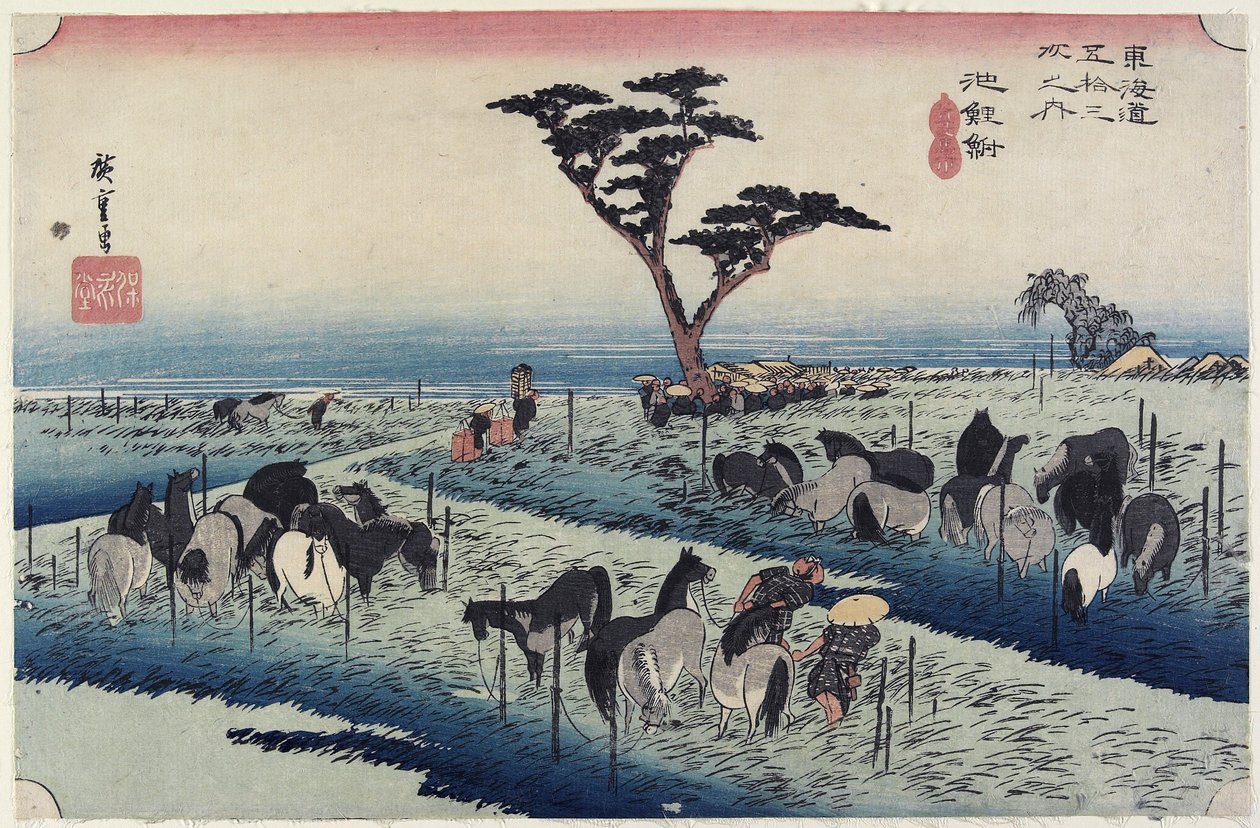 April paardenmarkt, Chiryu_, ca. 1833 door Utagawa Hiroshige
